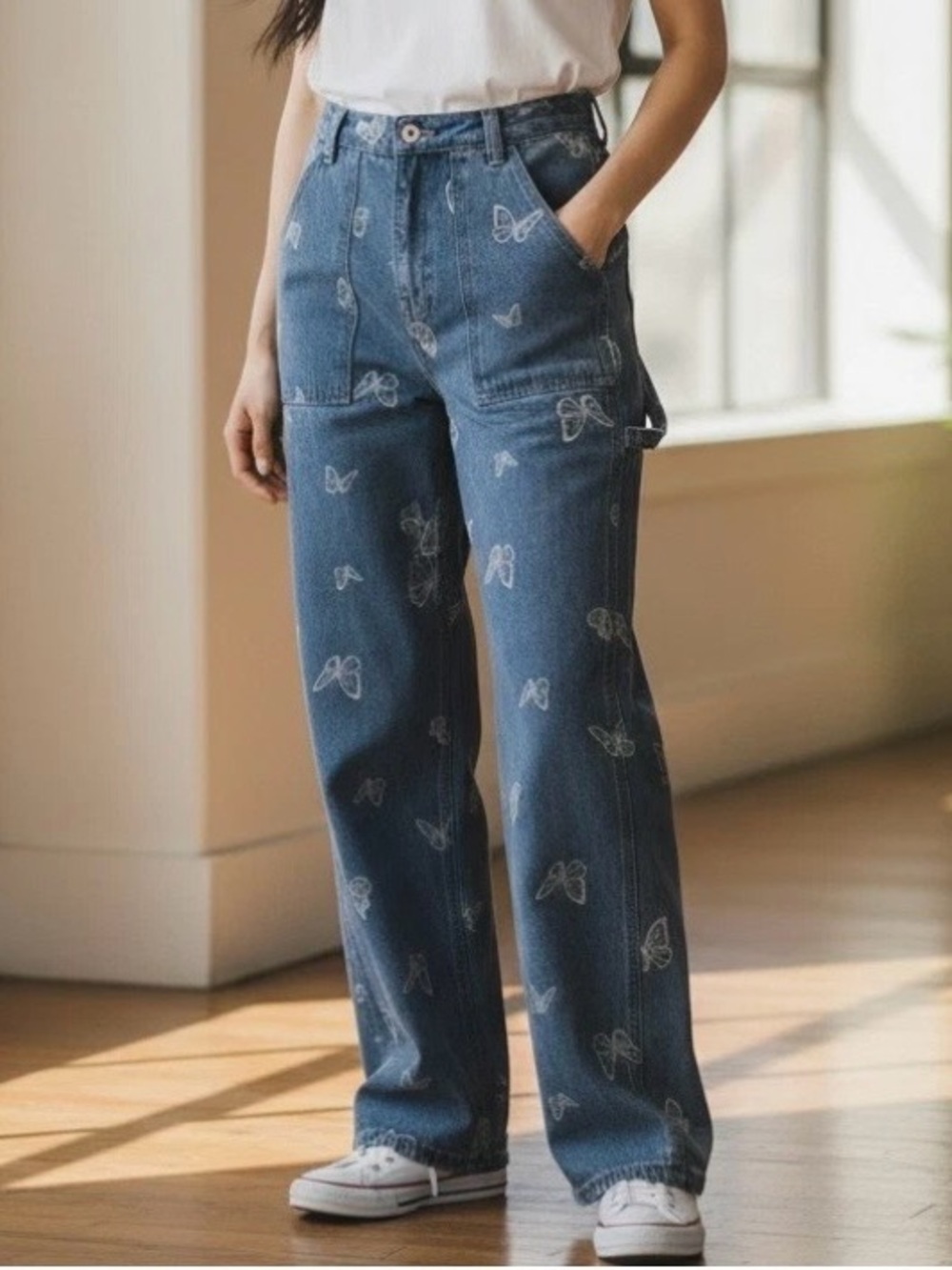 Simple Society Blue Denim White Butterflies Super High Rise Baggy Jeans 5 27